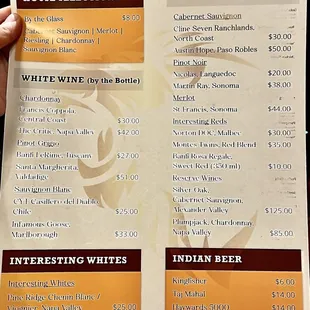 The Beer, Wine, Beverage Menu.  India Dining often prefers water.