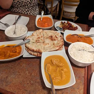 Left - Butter Chicken; Top - Paneer Tikka; Right - Tikka Masala with lamb; Bottom - Korna with chicken