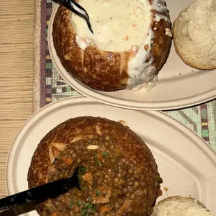 Top: Clam Chower Bread Bowl $12.99 Bottom: Lentil Chili Plant Based Bowl $12.99