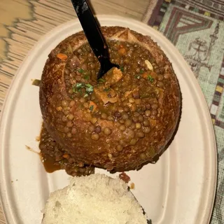 Lentil Chili in a Sourdough Bread Bowl
