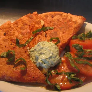 Sundried Tomato &amp; Chicken Quesadilla with Pesto Sour Cream and fresh Caprese style Tomatoes