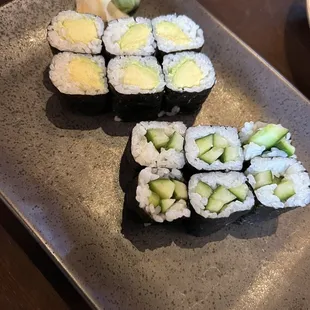 Avocado roll and cucumber roll.