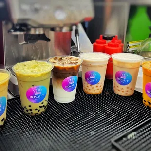 a variety of bubble tea drinks