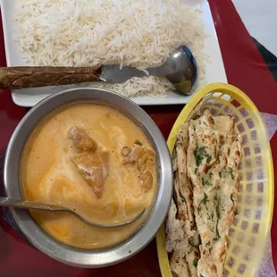 Chicken Malai, Rice, and Garlic Naan