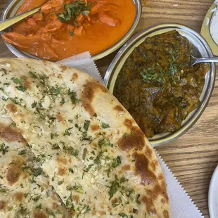 Chicken masala, lamb saag, and garlic naan