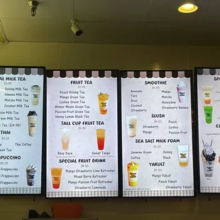 menus and prices of drinks
