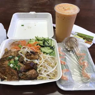 Grilled chicken vermicelli bowl, spring rolls, and Thai tea