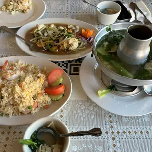 Prawn Fried Rice, Ginger Chicken, and Wonton Soup