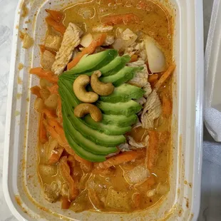 Massaman Curry Chicken takeout. Rice is included but not pictured.