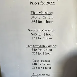 Prices &amp; descriptions of massage