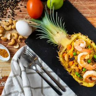 Pineapple Fried Rice 
recipe is an explosion of mouthwatering Southeast Asian flavor that is a perfect balance of umami, sweet and savory.