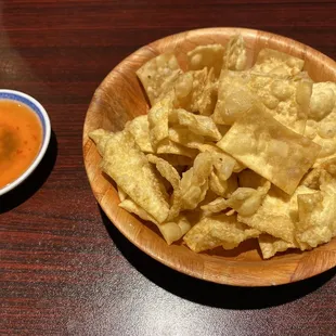 Crispy wonton chips with dip
