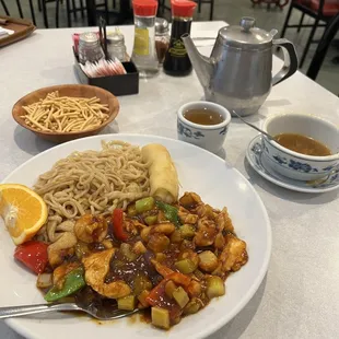 Chicken and Shrimp Combo with noodles and hot-sour soup.