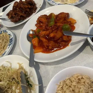 Sweet and sour chicken  Lo mein and fried rice with chicken Steamed dumplings