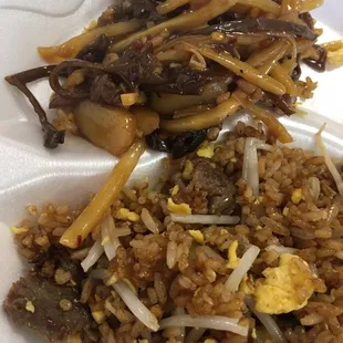 Beef fried rice and beef in garlic sauce