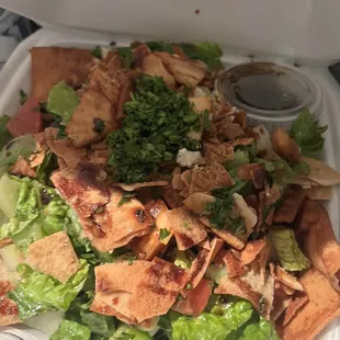 fattoush salad with extra pomegranate sauce