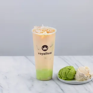 Icecream milk tea with the choice of vanilla or matcha icecream