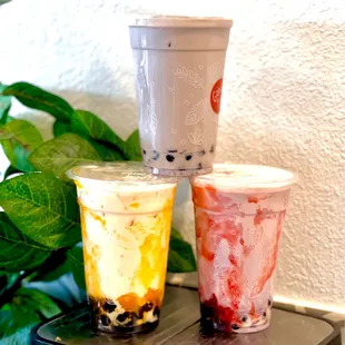 Taro Milk Tea, Mango Milk Tea, Strawberry Taro Milk Tea