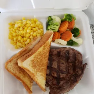 steak, corn, broccoli, and grilled cheese