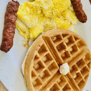 Scrambled eggs and waffle with turkey sausage