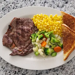 Ribeye Steak W/ corn, Steamed veggies