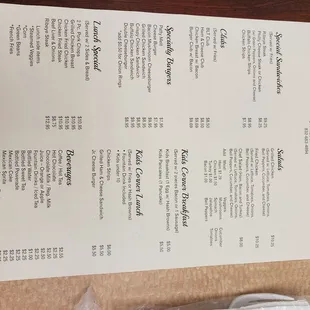 Back of the menu