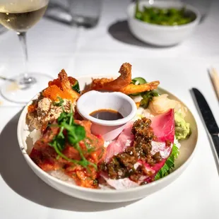 "Chirashi" $25 "ikura, spicy ahi, shrimp tempura, yuzu crab, hamachi"