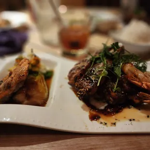 Uncle Roy's Pulehu Combo Yaki Salmon, Paniolo BBQ Colossal Shrimp, Mongolian Baby Back Ribs