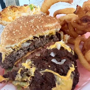a cheeseburger and onion rings
