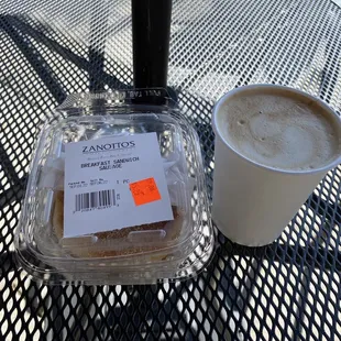 Breakfast sandwich and soy latte