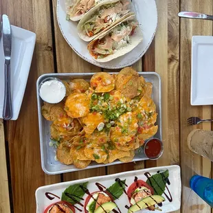 Street Tray Nachos, Salmon Caprese, &amp; buffalo chicken tacos