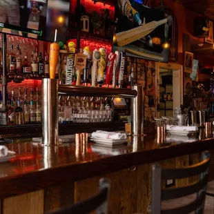 a bar with a row of bar stools