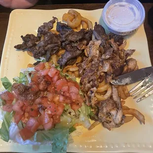 Combo: Lamb &amp; Chicken Gyro Platter with fries, salad served with tahini