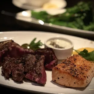 Shared meal for 2 of Grass fed Bone-In Bison Filet* &amp; Ora King Salmon. Jamie brought it separated already. It was spectacular!