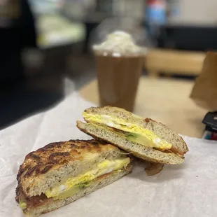 Iced Mexican mocha and breakfast sandwich