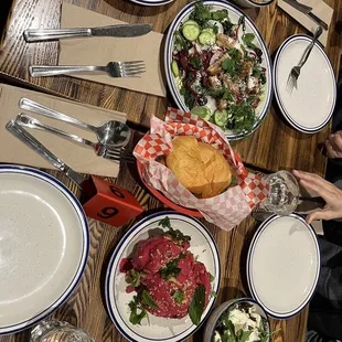 a table with plates of food and utensils