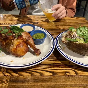 Half rotisserie chicken and packed potato