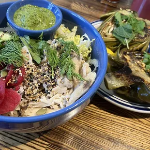 Chicken rice bowl and seared artichoke