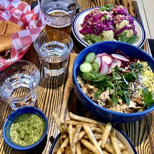 Chicken and rice bowl, fries and roasted cauliflower