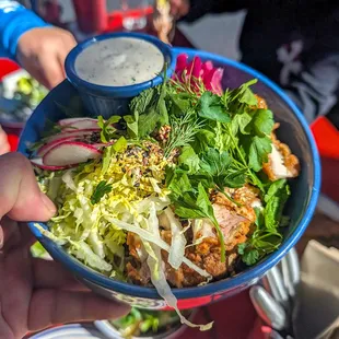 rice bowl $12.50 + $3.25 w/fried chicken