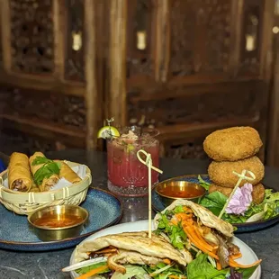 Spring Rolls, Shrimp Donuts, Duck Crepe, Watermelon Mojito