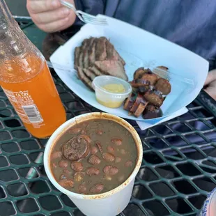 2 Meat Plate 1 Side  Tri Tip and Link  Side -Beans