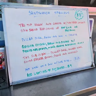 a menu on a whiteboard