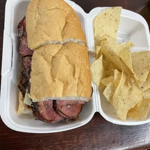 Tri-tip pastrami bacon with caramelized onion and half mustard spicy bbq sauce