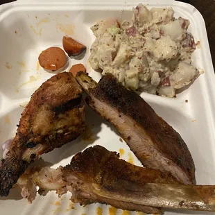 Sorry We ate some before I took the pic. 3 meat plate chicken, ribs and hot link.