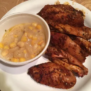 Spicy Cajun wings and corn chowder