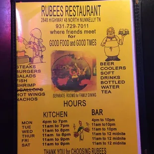 a menu for the restaurant