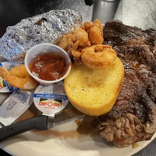 SMALL Ribeye and fried shrimp!