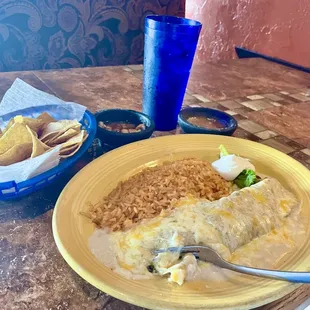 Bay shrimp &amp; vegetable enchilada topped with white sauce and Jack cheese, Delicious and only $8.95.