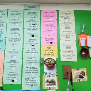 Menu- old school. Juices galore!!